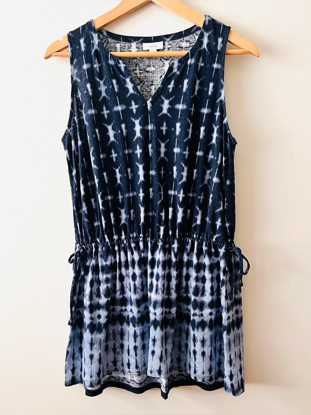 J. Jill Pure Jill Blue Shibori Tye Dye Linen Tie Waist Sleeveless Tunic Petite M